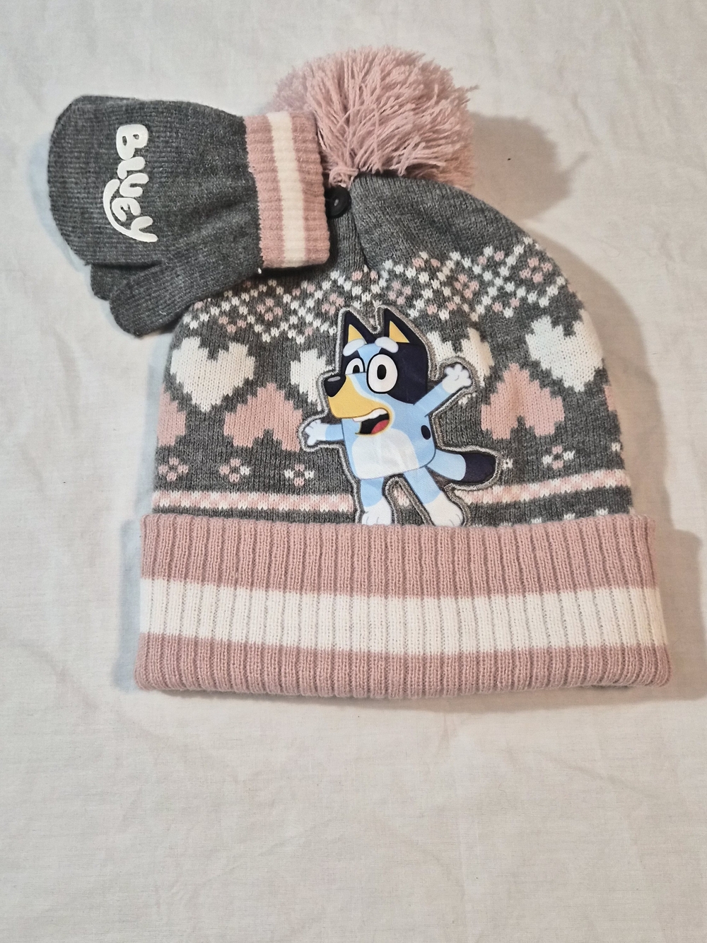 Bluey Girls Winter Hat & Mittens Set Pink Gray Pom Pom Beanie NWT